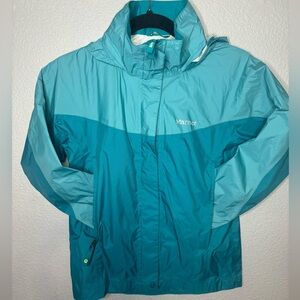 Marmot girls rain jacket teal Youth girls kids Medium w/concealable hood.